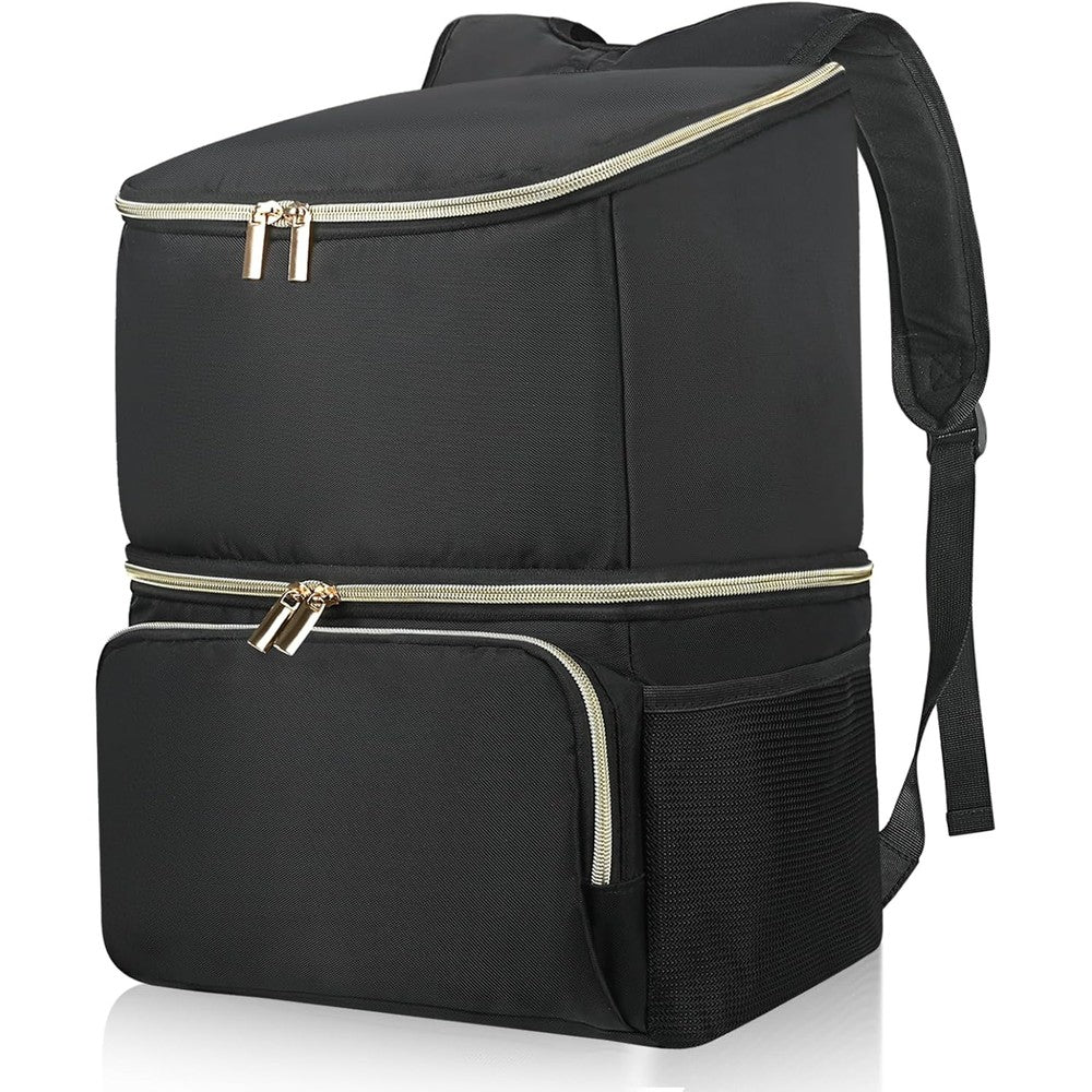 Wolka breast pump bag front view in black with gold zippers.