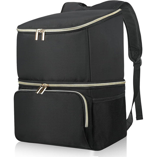 Wolka breast pump bag front view in black with gold zippers.