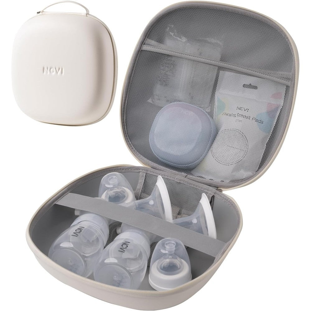 NCVI breast pump carrying case front view in beige hard shell travel bag