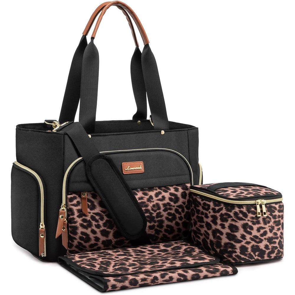 LOVEVOOK breast pump bag and diaper tote front view in black with leopard print accents