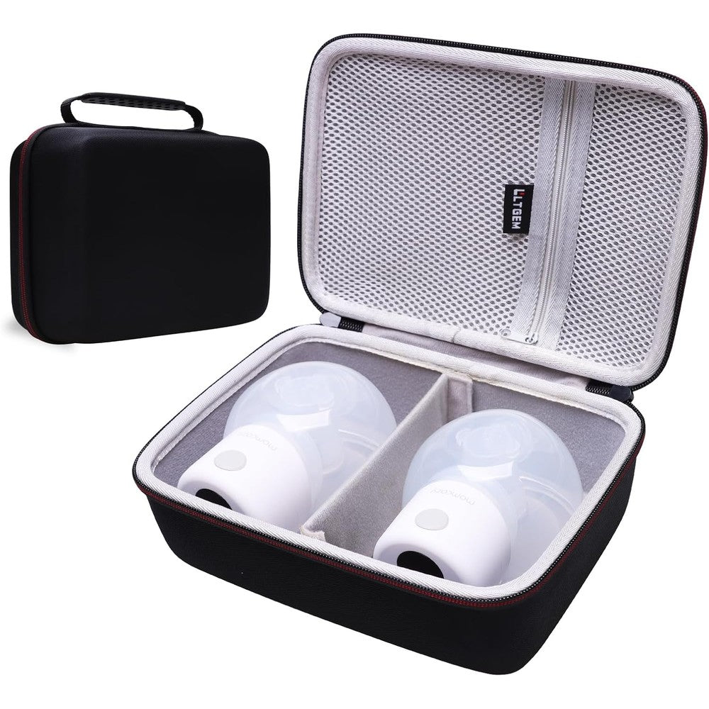 L LTGEM wearable breast pump hard case front view showing black protective shell.
