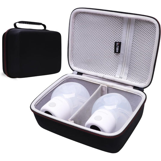 L LTGEM wearable breast pump hard case front view showing black protective shell.