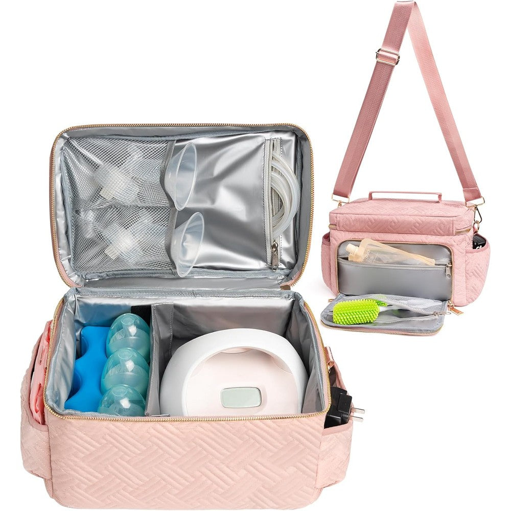 Flyangle EliteMom Breast Pump Tote Bag front view showcasing pink quilted design and premium gold zippers.