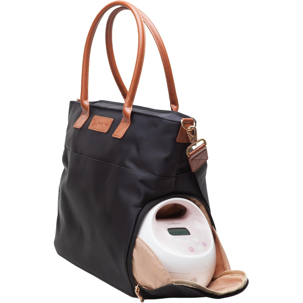 Sarah Wells Abby Breast Pump Bag front view in black nylon with brown leather straps