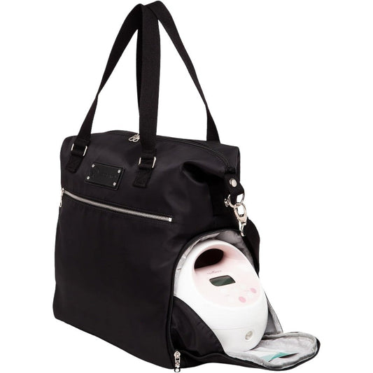 Sarah Wells Lizzy Breast Pump Bag front view stylish black tote for mothers