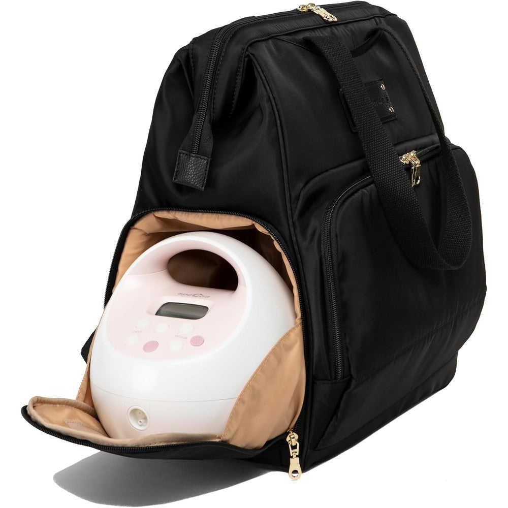 Sarah Wells Norah breast pump backpack in black front view showing wide open frame.