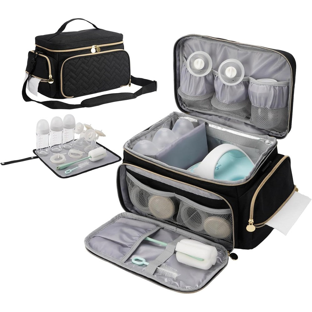 Phoebus Baby breast pump bag front view in black color showing sleek exterior design