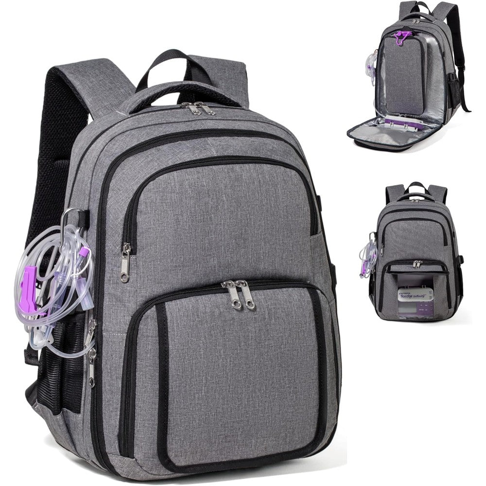 Meesyn feeding tube backpack front view in grey color showing transparent window pocket.