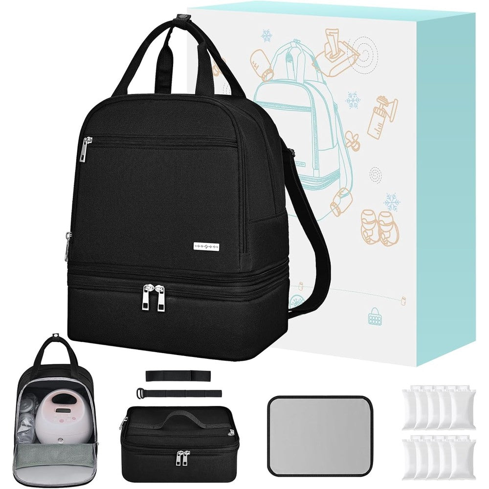 Wurzfolk breast pump bag front view black insulated cooler backpack for working moms