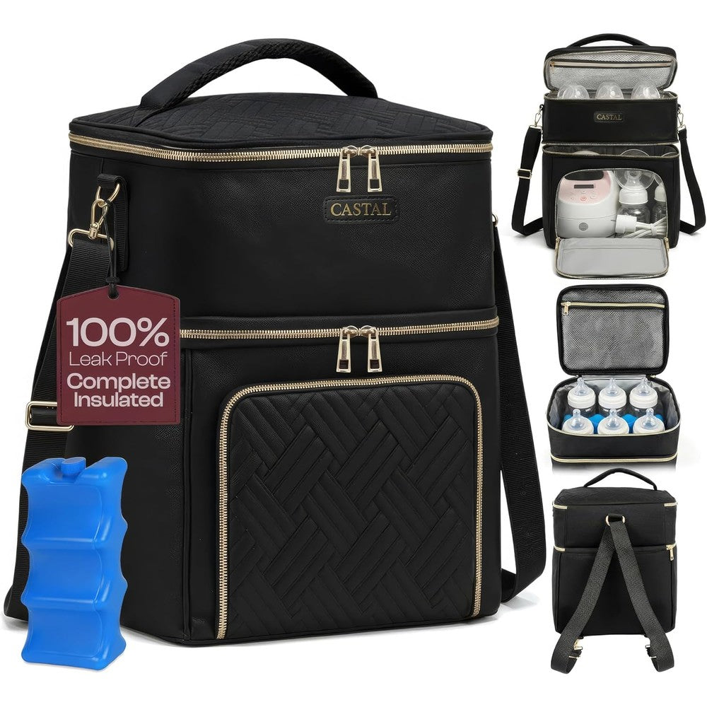 Castal breast pump bag front view black quilted insulated travel tote