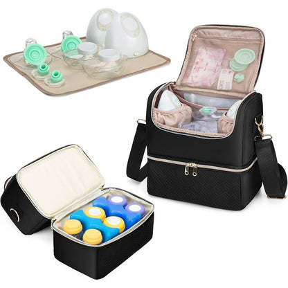 Fasrom wearable breast pump bag front view in black quilted design