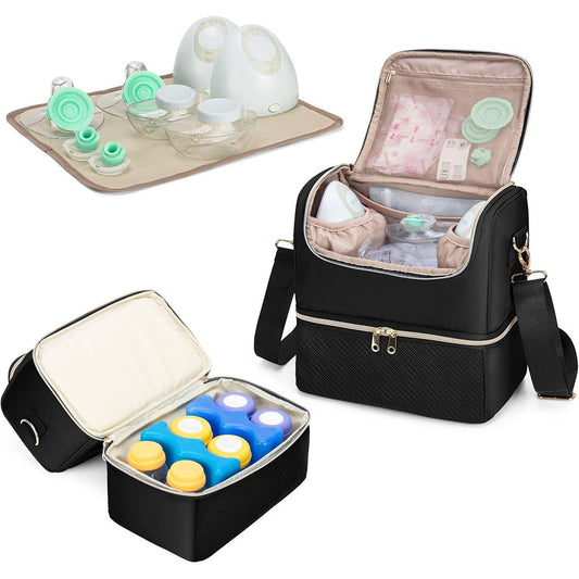Fasrom wearable breast pump bag front view in black quilted design