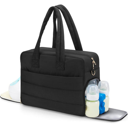 Bananafish breast pump bag front view showcasing black quilted water resistant tote design.