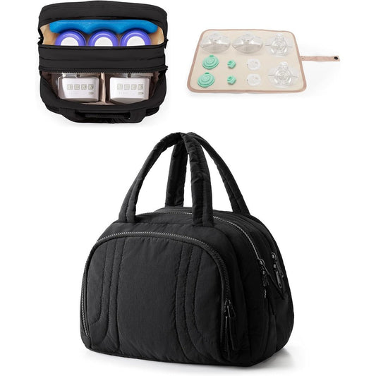 Jaffzora wearable breast pump bag front view showcasing black quilted exterior design.