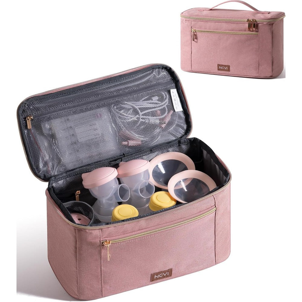 NCVI breast pump storage bag front view in pink fabric.