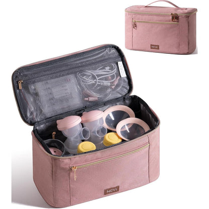 NCVI breast pump storage bag front view in pink fabric.