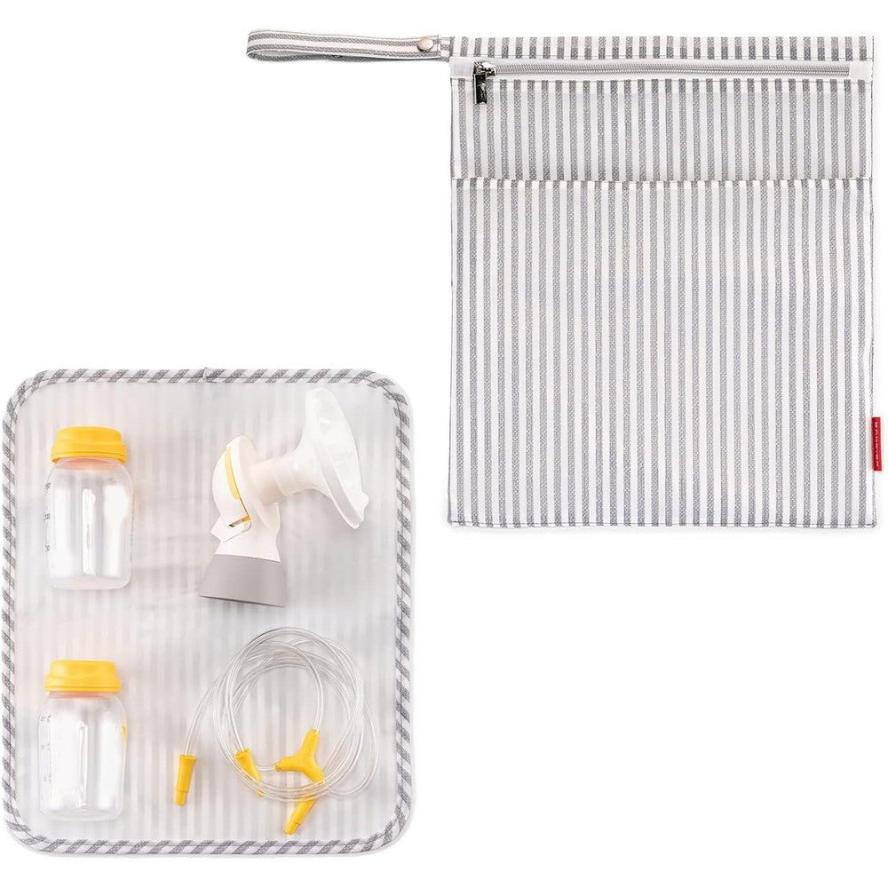 BABEYER wet dry breast pump parts storage bag front view in grey striped pattern