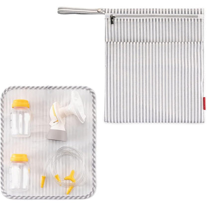 BABEYER wet dry breast pump parts storage bag front view in grey striped pattern
