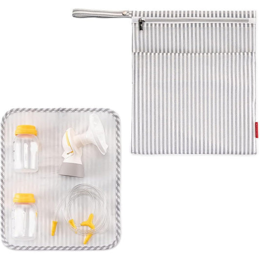 BABEYER wet dry breast pump parts storage bag front view in grey striped pattern