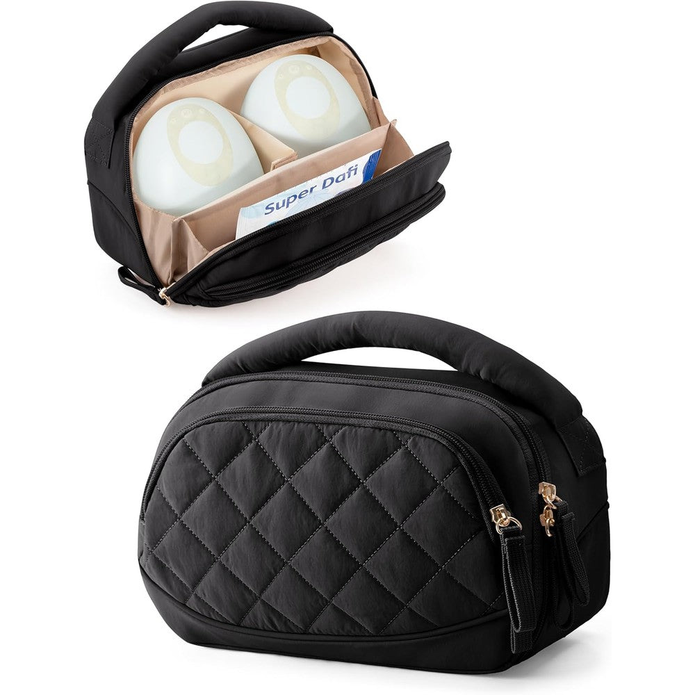 BABEYER wearable breast pump bag in black quilted fabric front view showing gold zipper accents