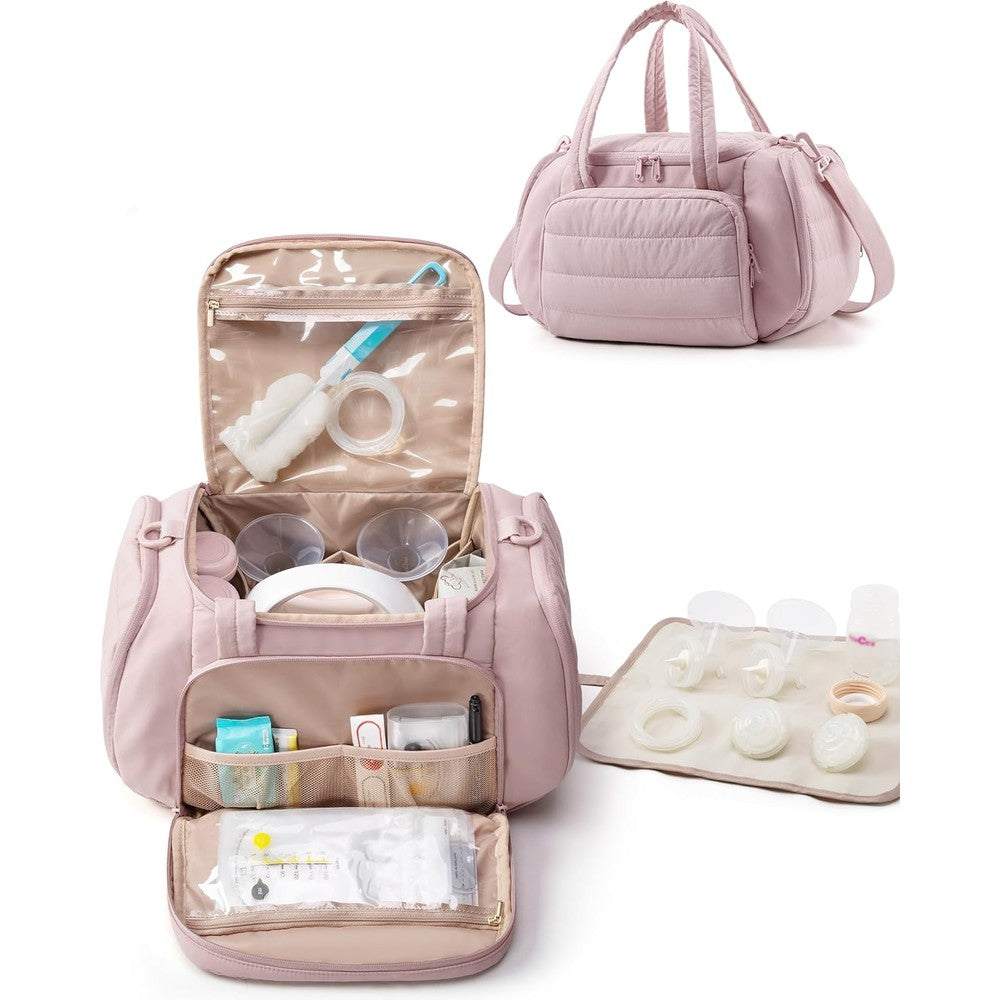 Marscamd quilted breast pump bag front view showing pink water-resistant fabric and premium handles.