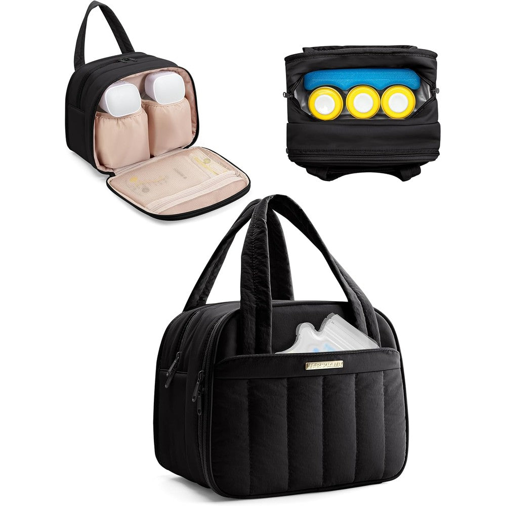 Marscamd quilted wearable breast pump bag front view in black color