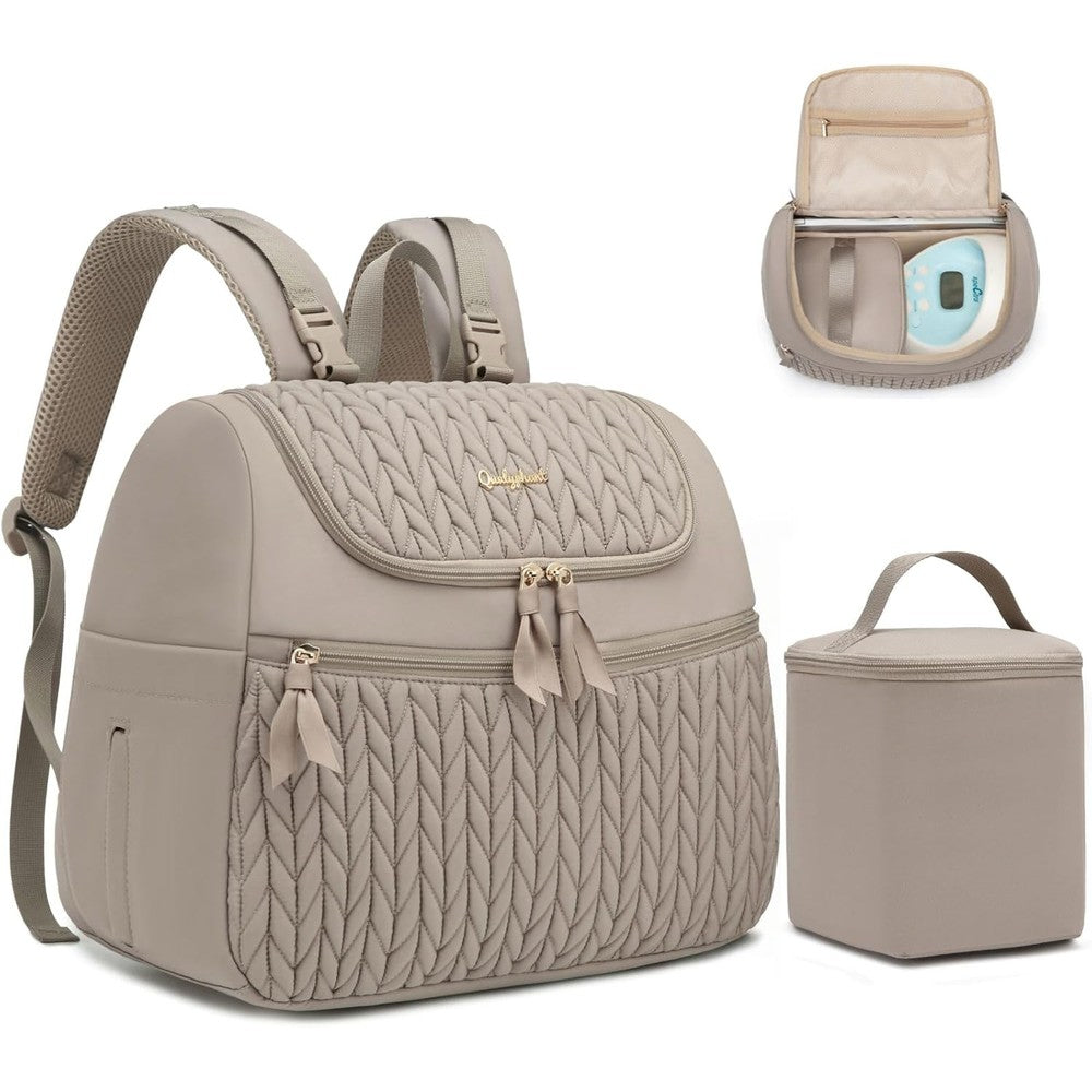 Qualyphant breast pump bag front view showing the light khaki quilted fabric and premium metal zippers.