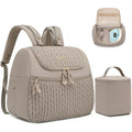 Qualyphant breast pump bag front view showing the light khaki quilted fabric and premium metal zippers.