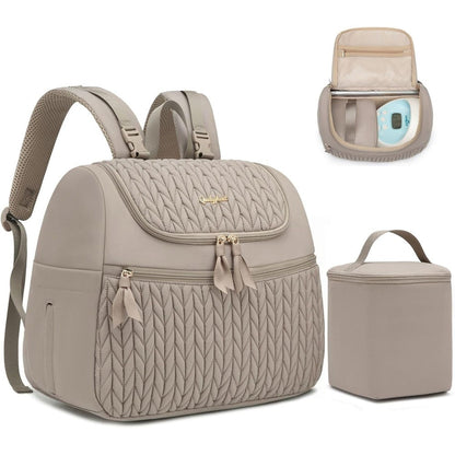 Qualyphant breast pump bag front view showing the light khaki quilted fabric and premium metal zippers.