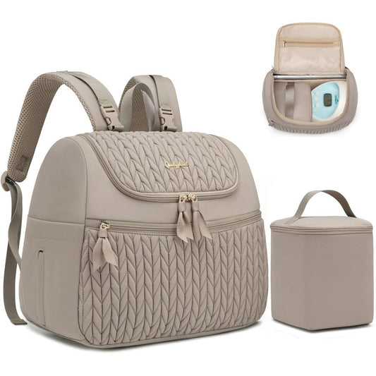 Qualyphant breast pump bag front view showing the light khaki quilted fabric and premium metal zippers.