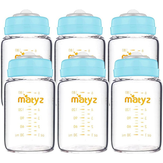 Matyz 6 pack glass breastmilk storage bottles front view