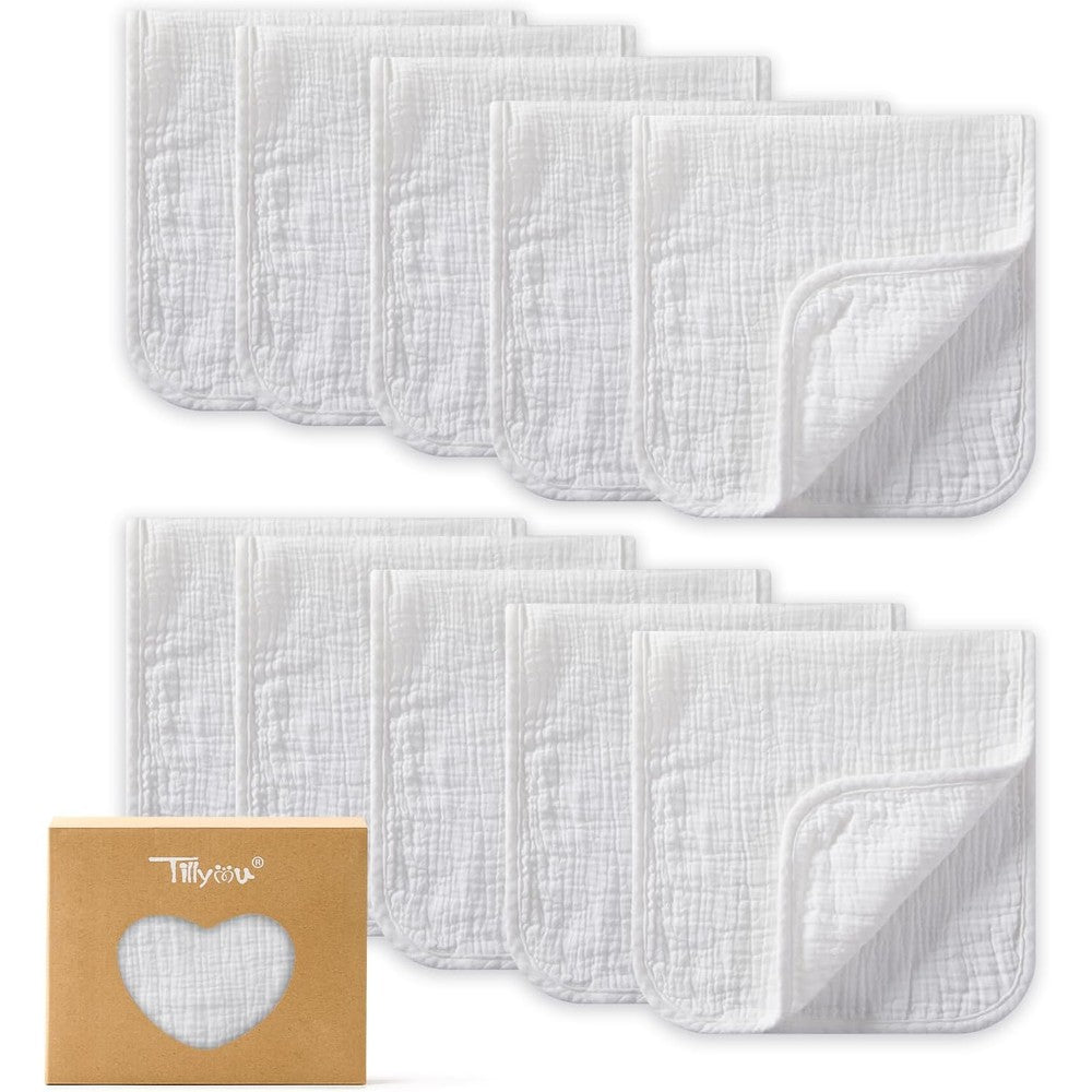 TILLYOU muslin burp cloths 10 pack front view showcasing the clean white folded cotton material