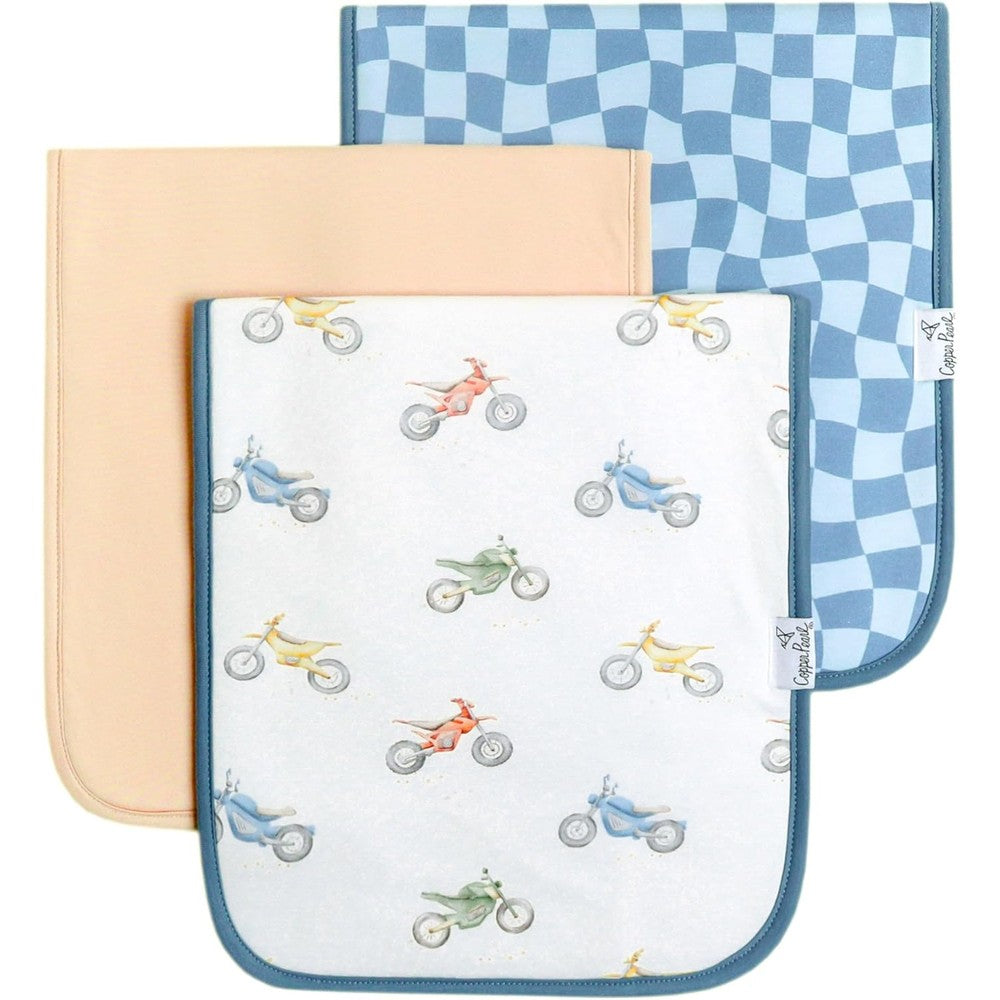 Copper Pearl baby burp cloth ryder pack front view showcasing modern patterns