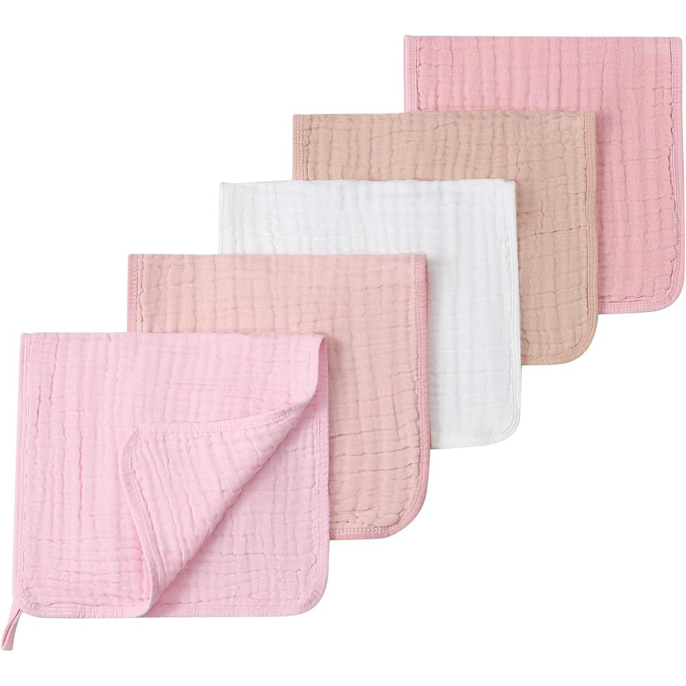 SnugOre Muslin Burp Cloths front view showing five pack folded neatly in white and pink shades.