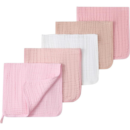 SnugOre Muslin Burp Cloths front view showing five pack folded neatly in white and pink shades.