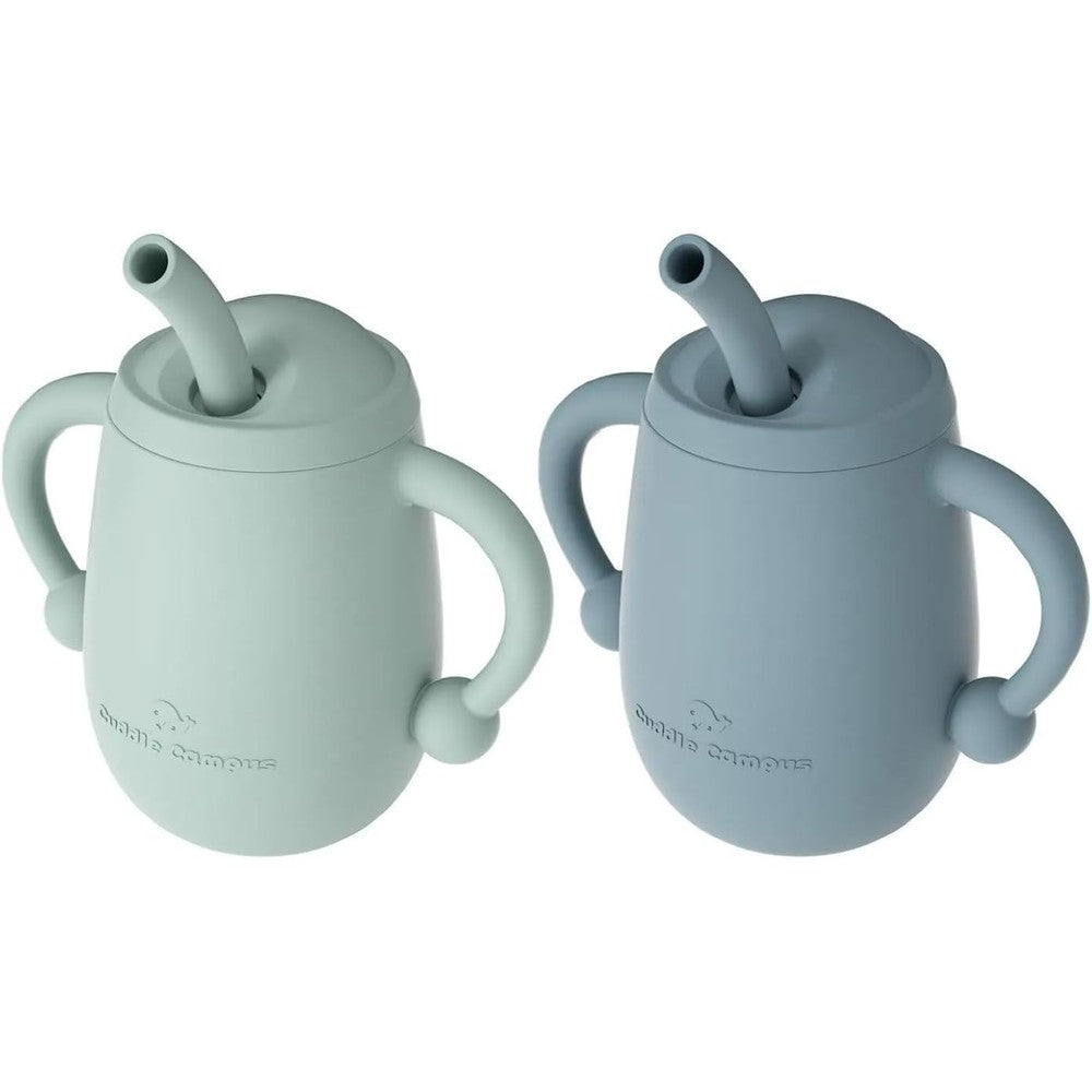 Cuddle Campus silicone baby training cup pack of two front view in Boothbay gray