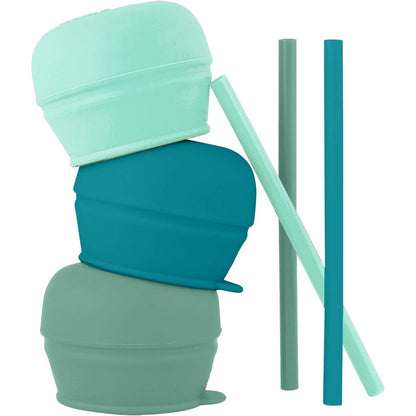 Boon Snug Silicone Sippy Cup Lids and Straws Green front view of pack containing three stretchable covers and reusable straws