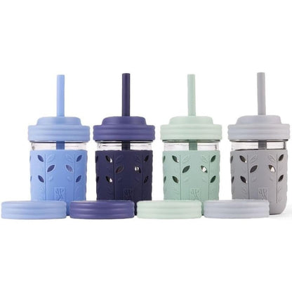Elk and Friends kids glass mason jar cups front view showing four colorful silicone sleeves and straws