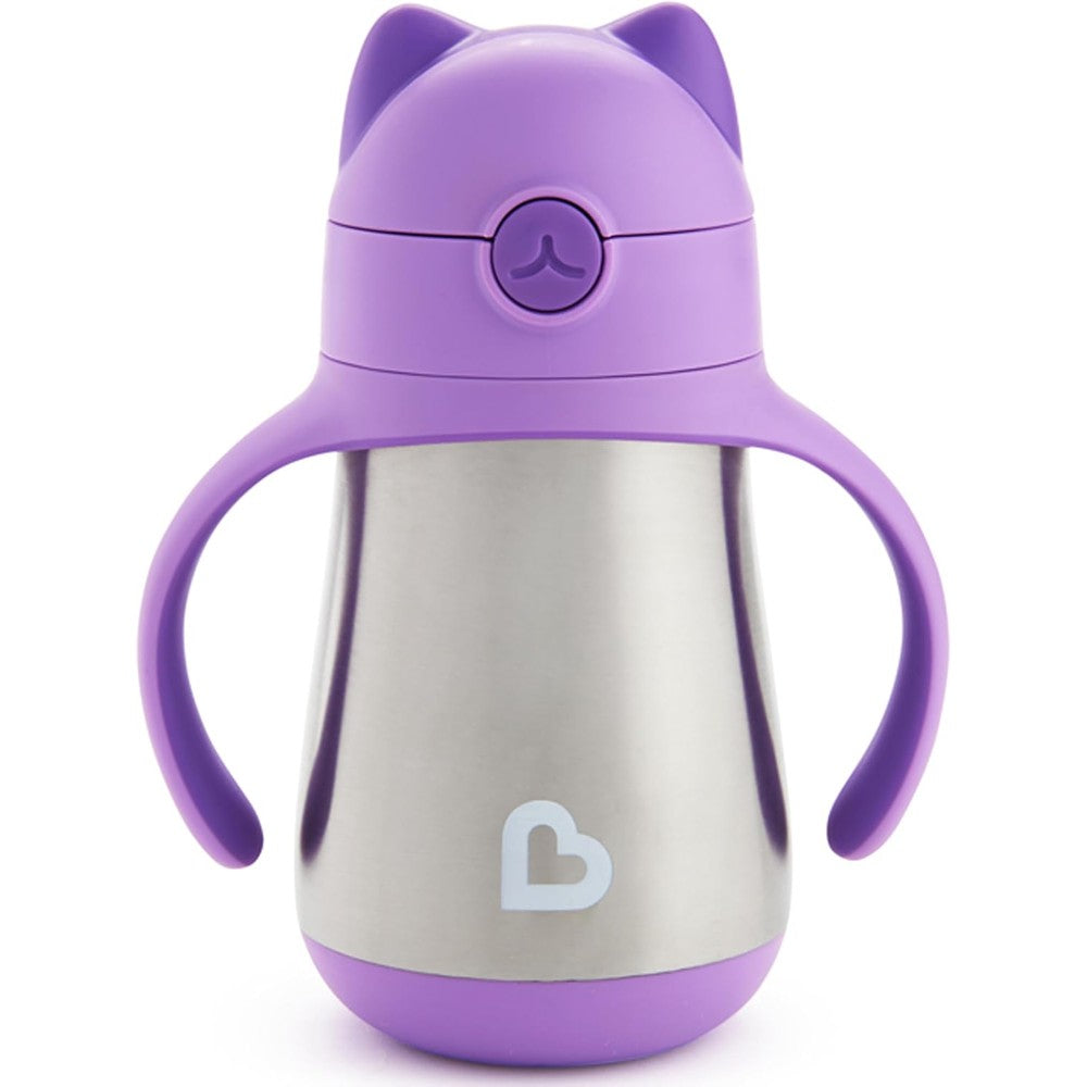 Munchkin Cool Cat stainless steel straw cup in purple front view showing cat ear lid and handles