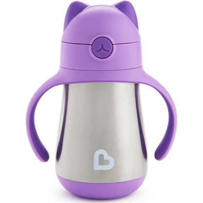 Munchkin Cool Cat stainless steel straw cup in purple front view showing cat ear lid and handles