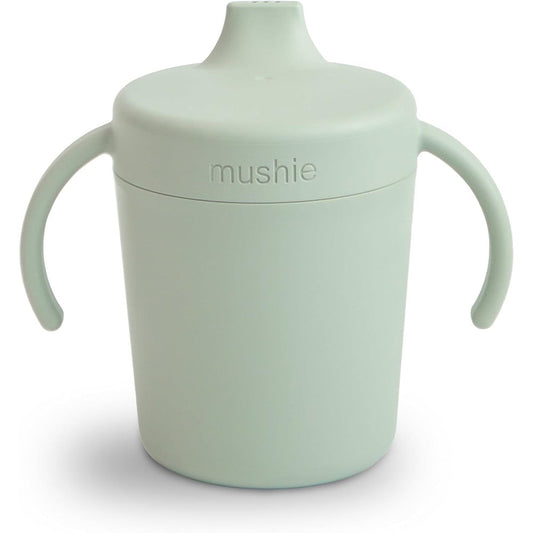 Mushie Trainer Sippy Cup Sage front view showing dual handles and spout