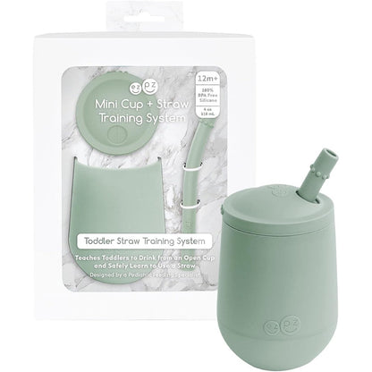Ezpz mini cup and straw training system sage front view showing silicone cup and lid
