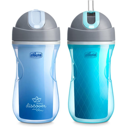 Chicco Insulated Flip Top Straw Cup front view showing blue discover and teal colors pack of two
