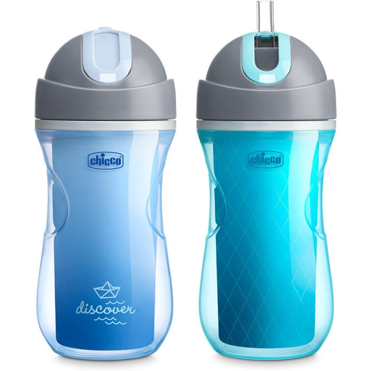 Chicco Insulated Flip Top Straw Cup front view showing blue discover and teal colors pack of two
