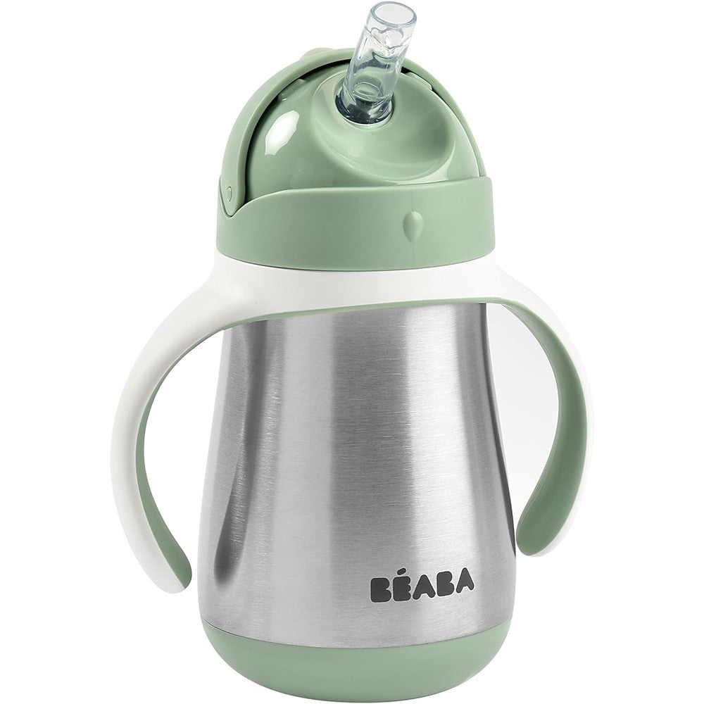 Béaba Stainless Steel Straw Sippy Cup front view in sage green color with handles attached.
