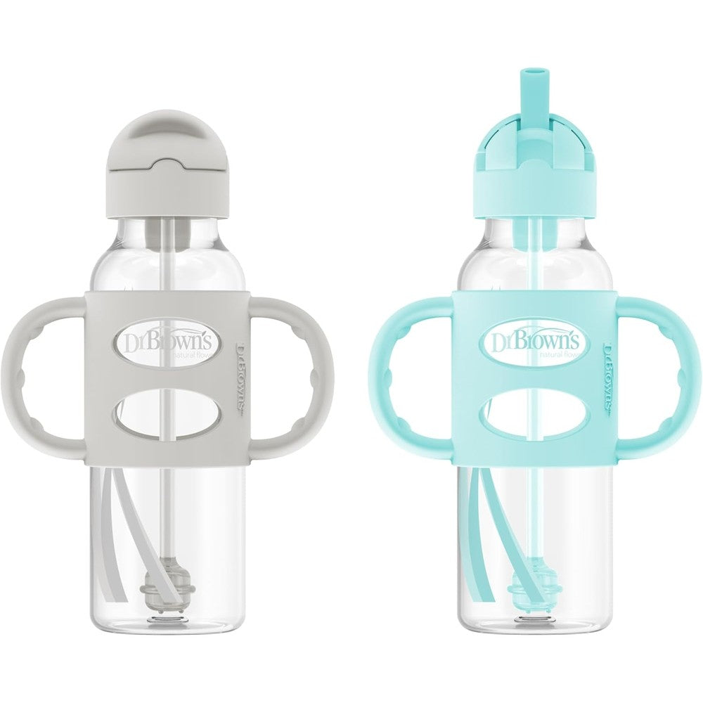 Dr. Brown's Milestones Narrow Sippy Straw Bottle front view with green handles