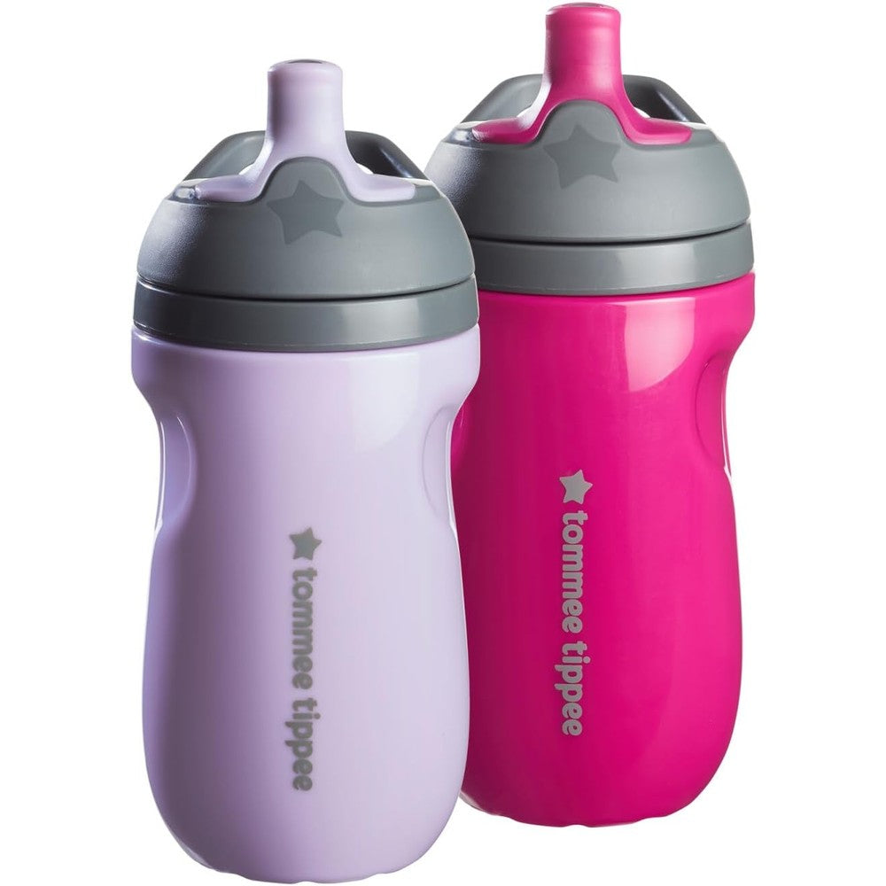 Tommee Tippee insulated sporty spout toddler water bottle front view showing lilac and plum pack of two