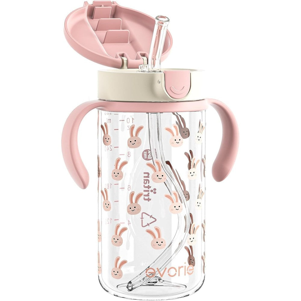 Evorie Tritan spill proof toddler straw sippy cup pink rabbit front view
