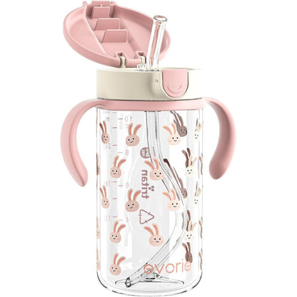 Evorie Tritan spill proof toddler straw sippy cup pink rabbit front view
