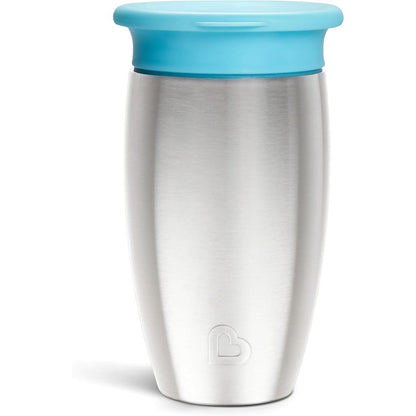 Munchkin Miracle 360 Stainless Steel Sippy Cup front view showing the blue insulated toddler tumbler.